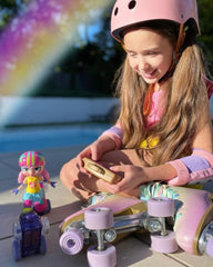 JAKKS Pacific Rainbow Riley remote control boom box guides forward and spins.