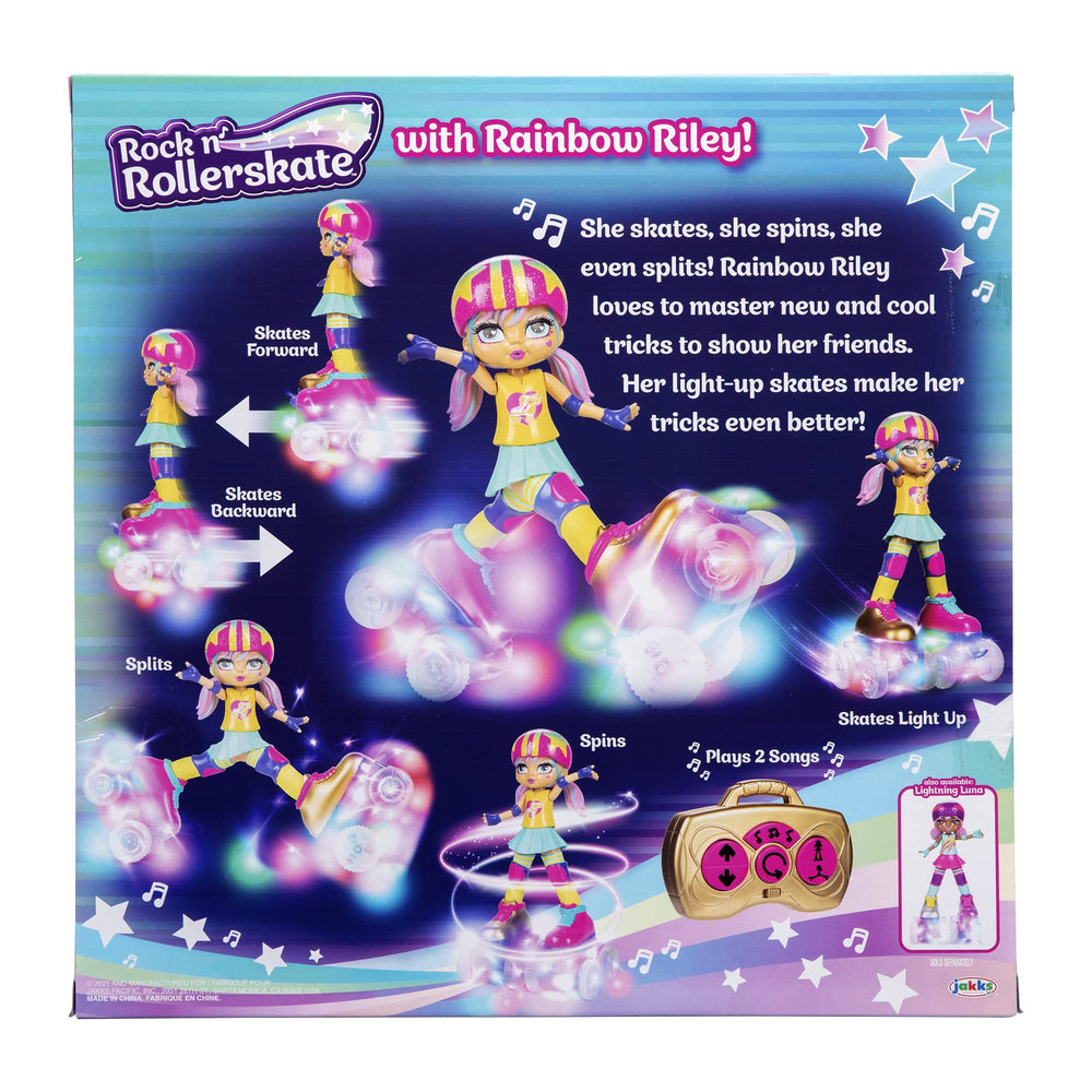 JAKKS Pacific Rainbow Riley's LED wheels glow to enhance playtime visuals.