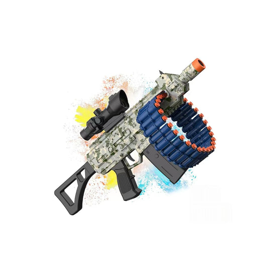 JakMean electric automatic toy blaster with scope for precise target practice.