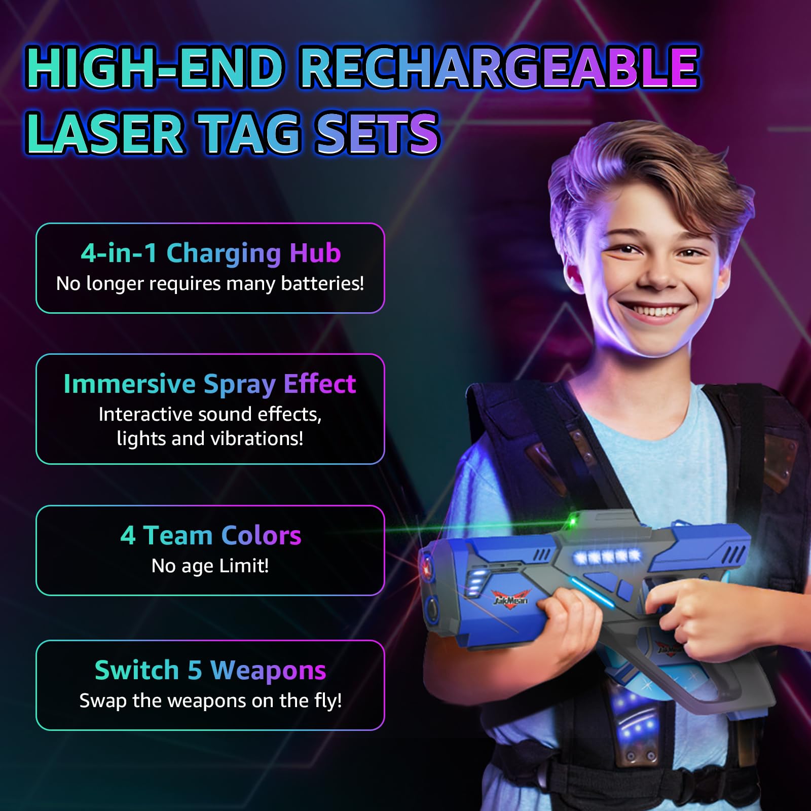 JakMean laser tag-vests provide clear hit feedback with lights for quick status.