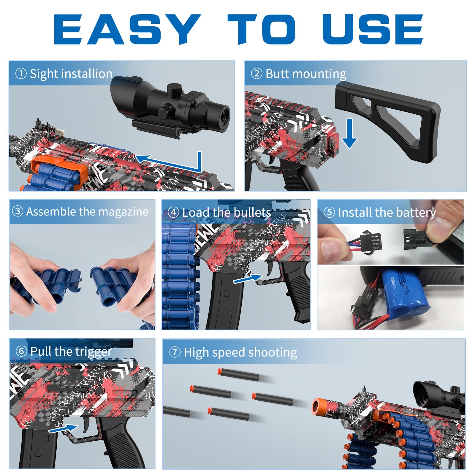 JakMean red foam-dart blaster close-up highlights safe, bright design.
