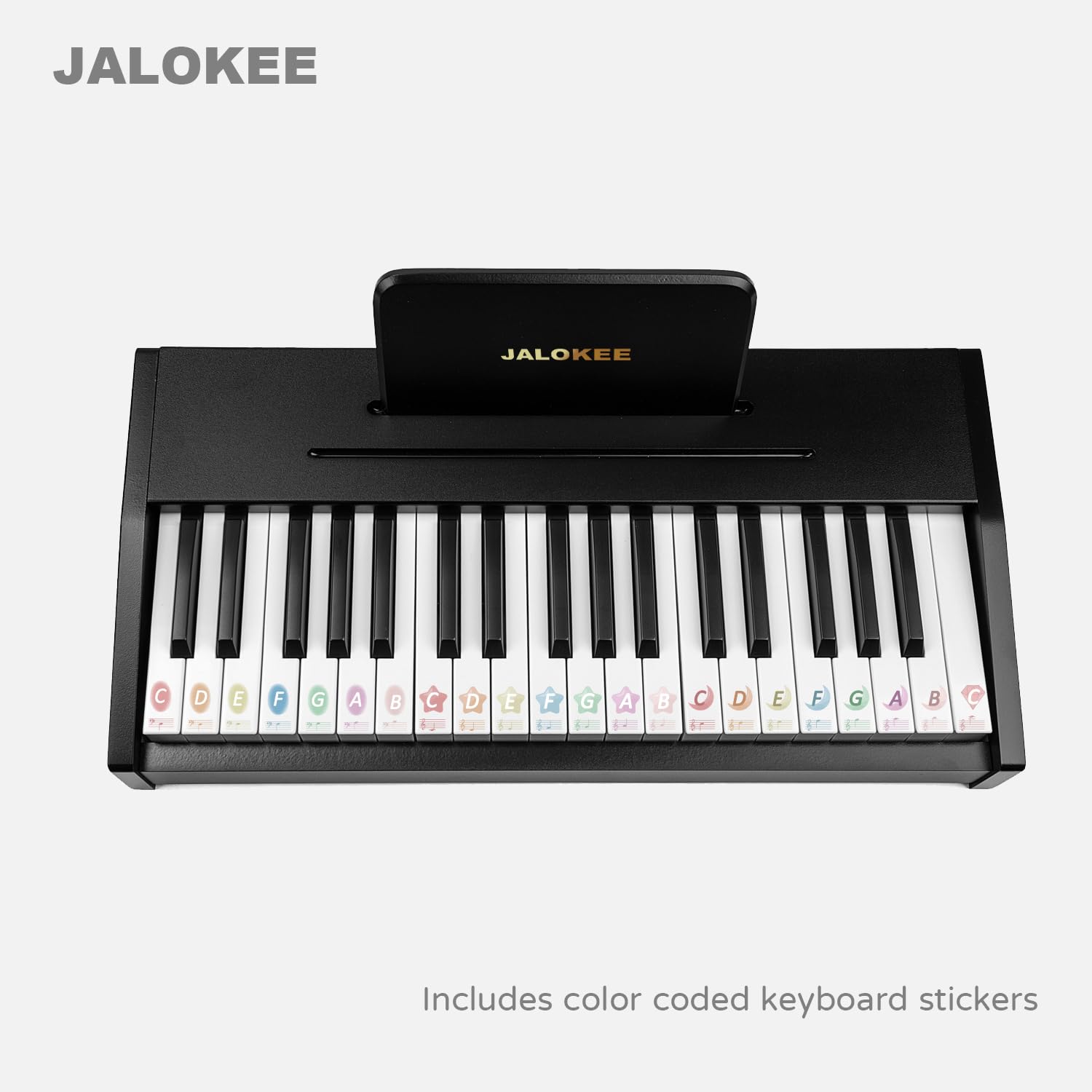 JALOKEE Keyboard stickers in color-coding aid quick recognition and play.