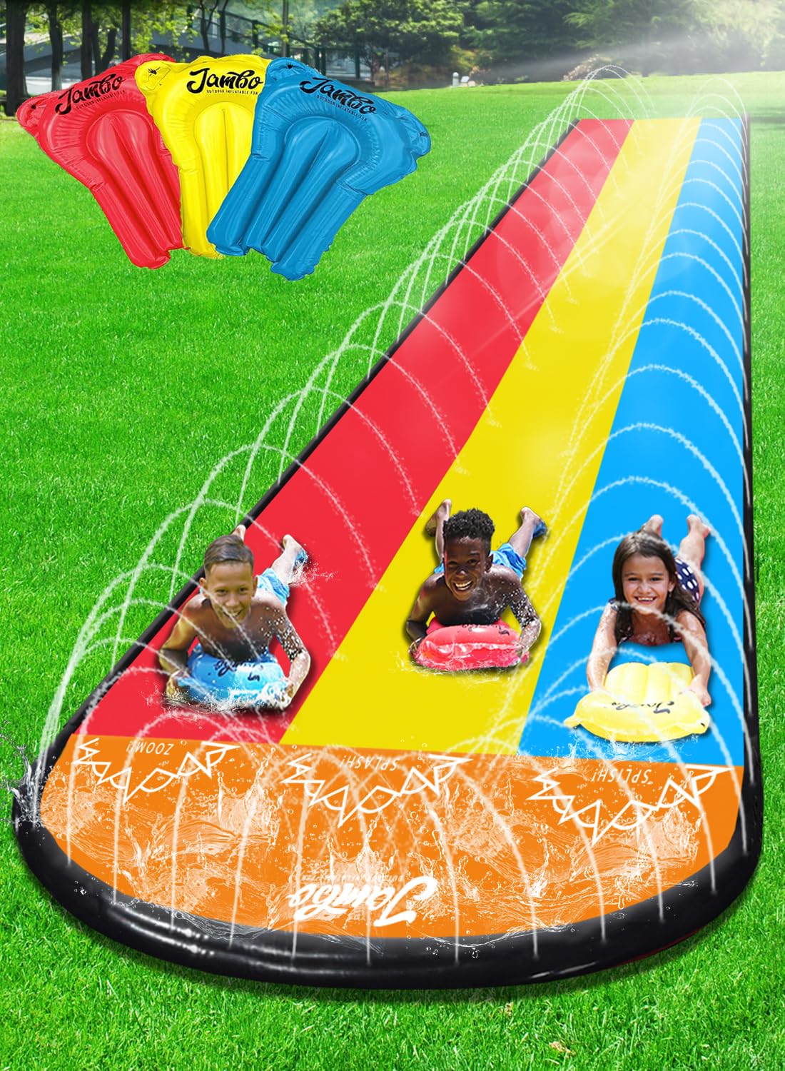 JAMBO Premium Triple Water Slide in action, ready for backyard fun and fast sliding.