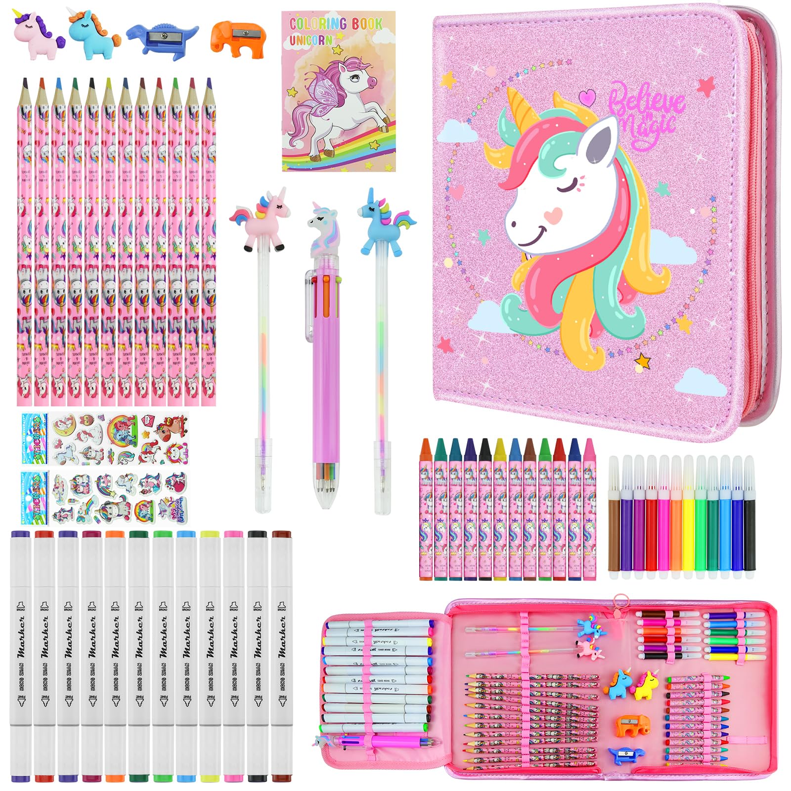 JAMIEWIN unicorn pencil case with glitter for organized travel art projects