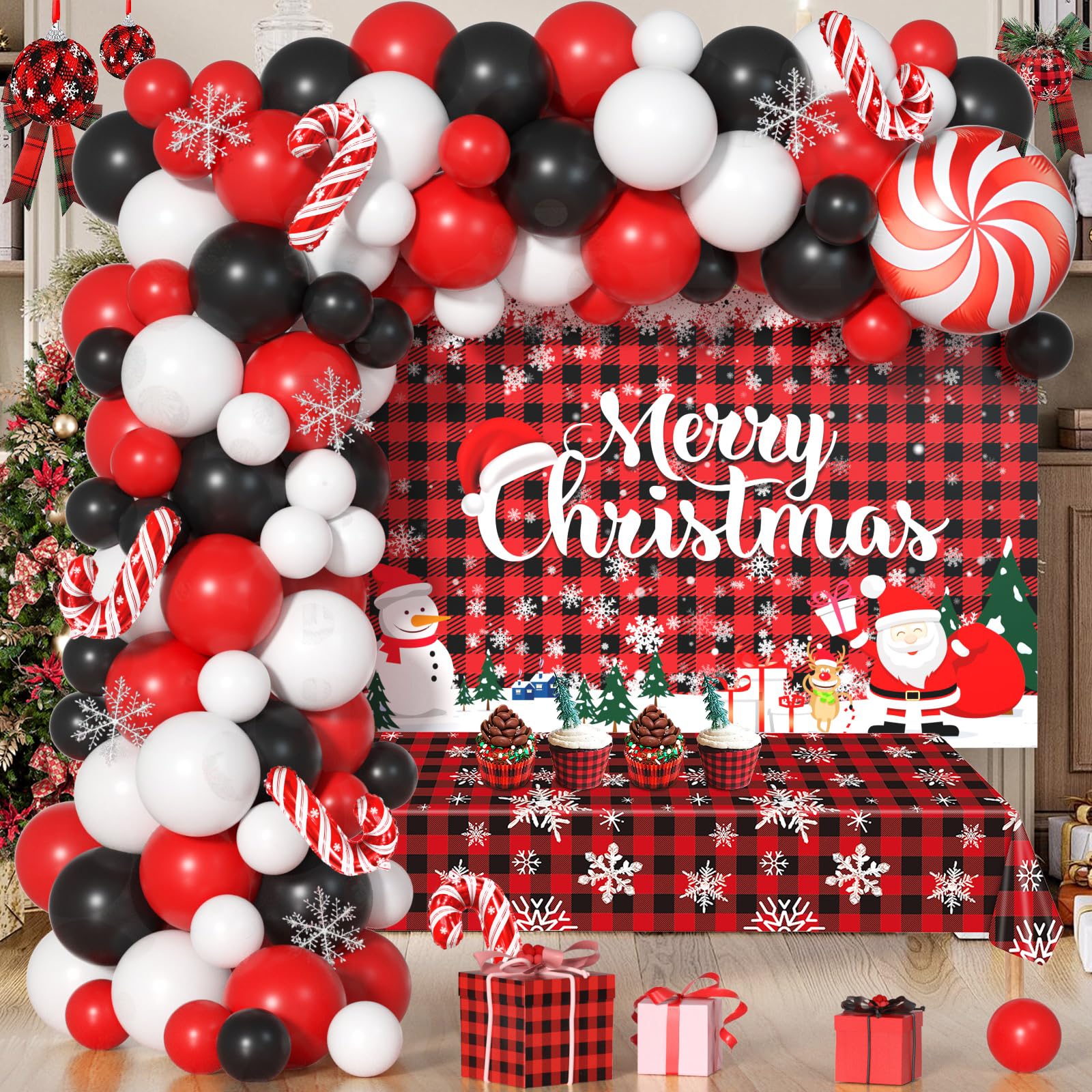 Janinus plaid Christmas balloons arch kit creates a festive focal point for celebrations.