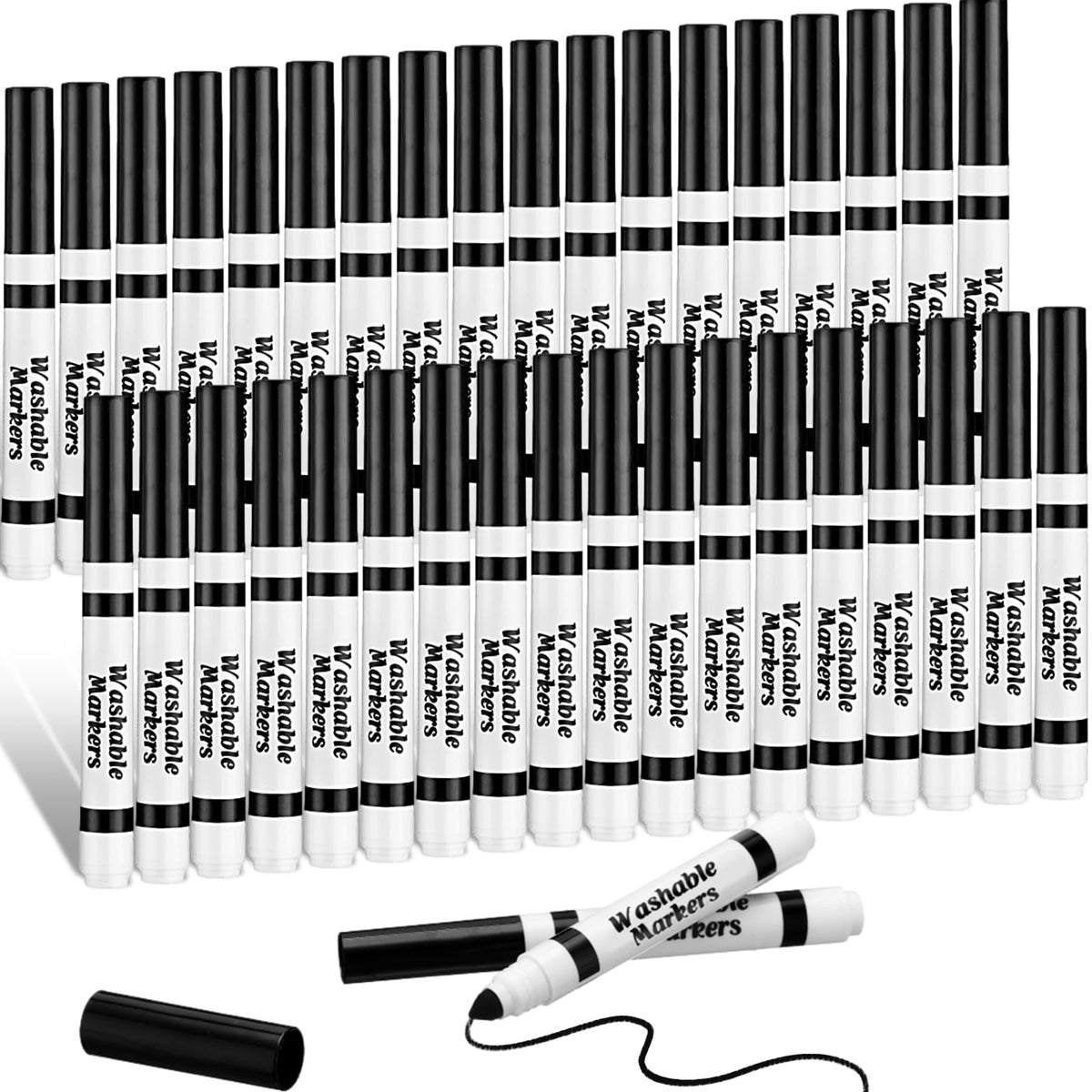 Janlaugh 36-pc black washable markers bulk for kids, easy to share and store.