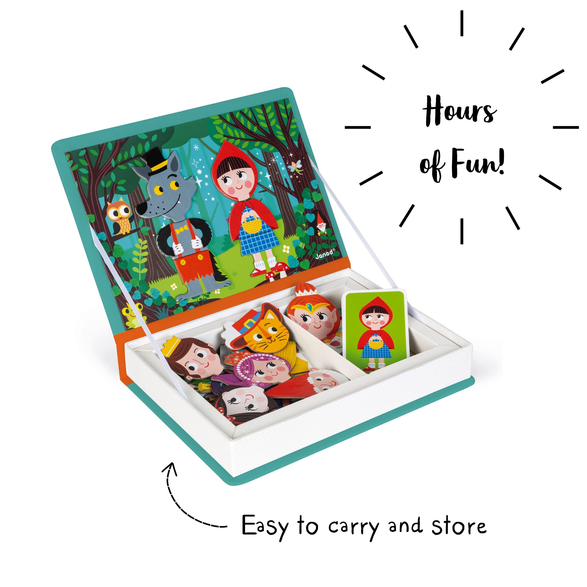 Janod Magneti'Book Story durable cardboard cover withstands frequent use.