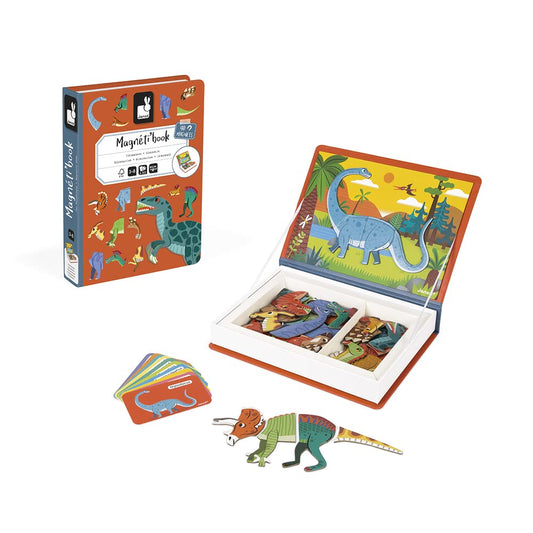 Janod Magnetibook model cards guide dinosaur assembly and vocabulary.