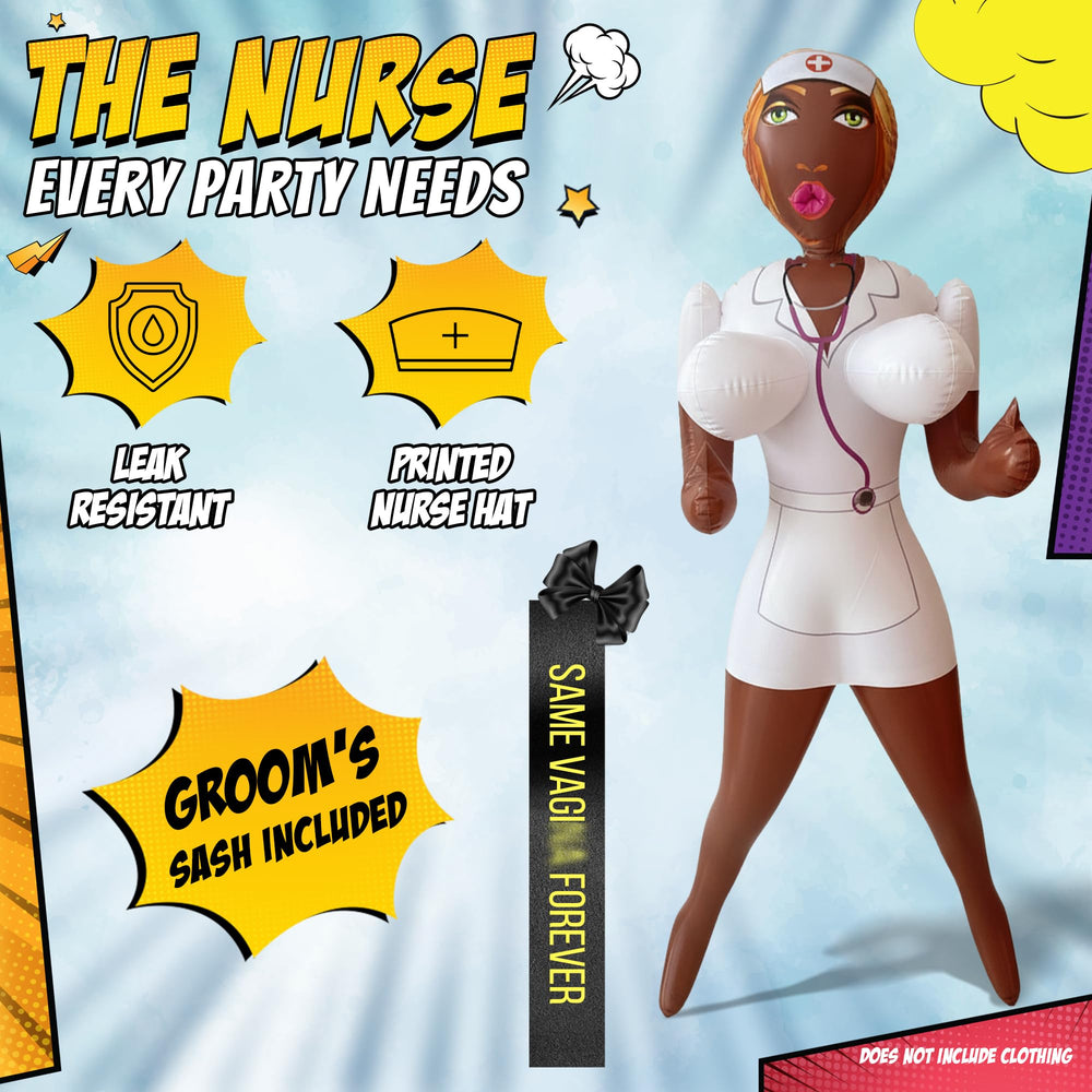 Close-up of JANOKE inflatable doll with groom sash for gag gift flair.