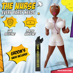 Close-up of JANOKE inflatable doll with groom sash for gag gift flair.