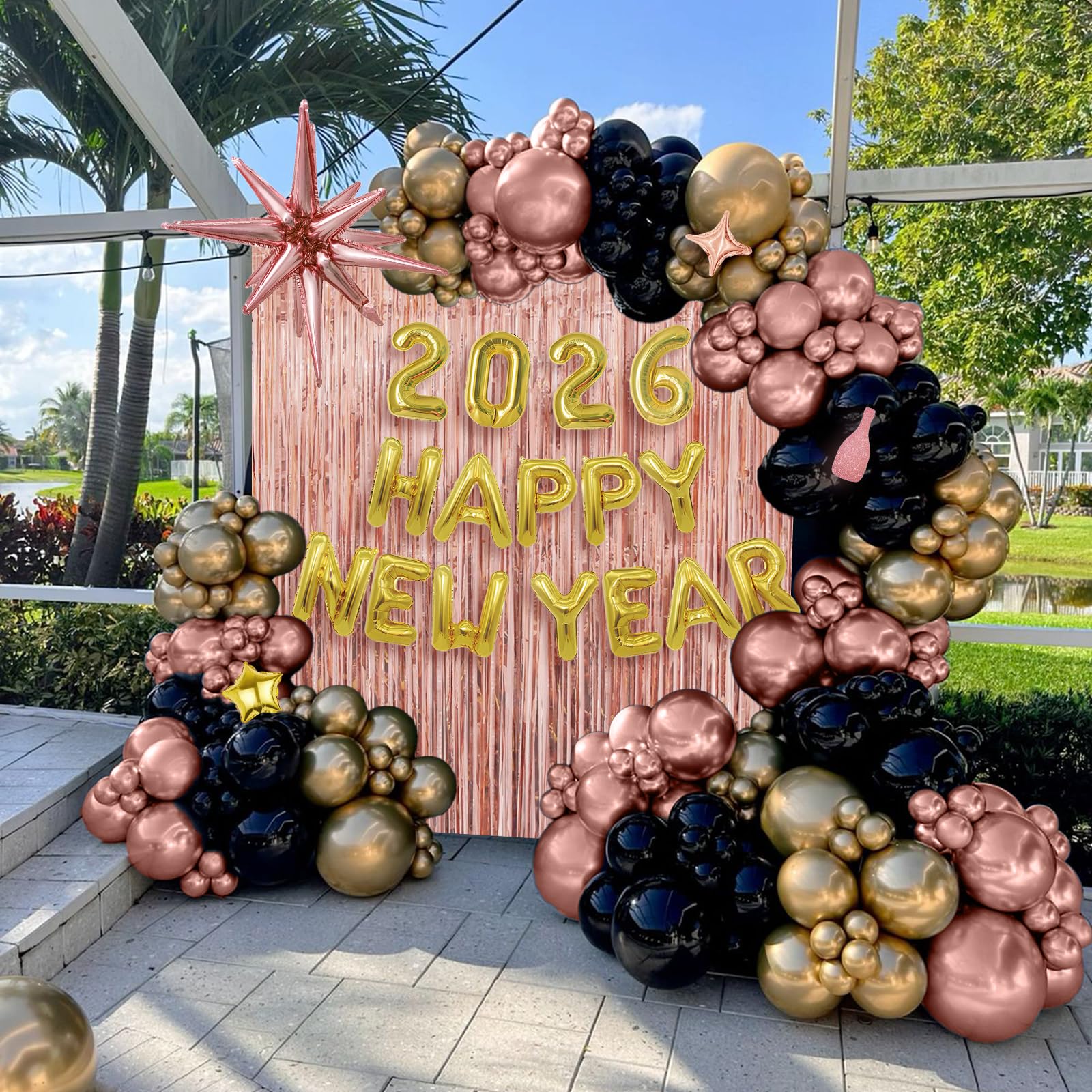 Januinus five-inch black-rose-gold and gold balloons for compact decorations.