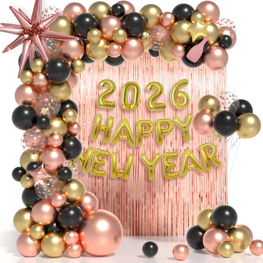 Januinus rose-gold balloon arch setup for a festive New Year backdrop.
