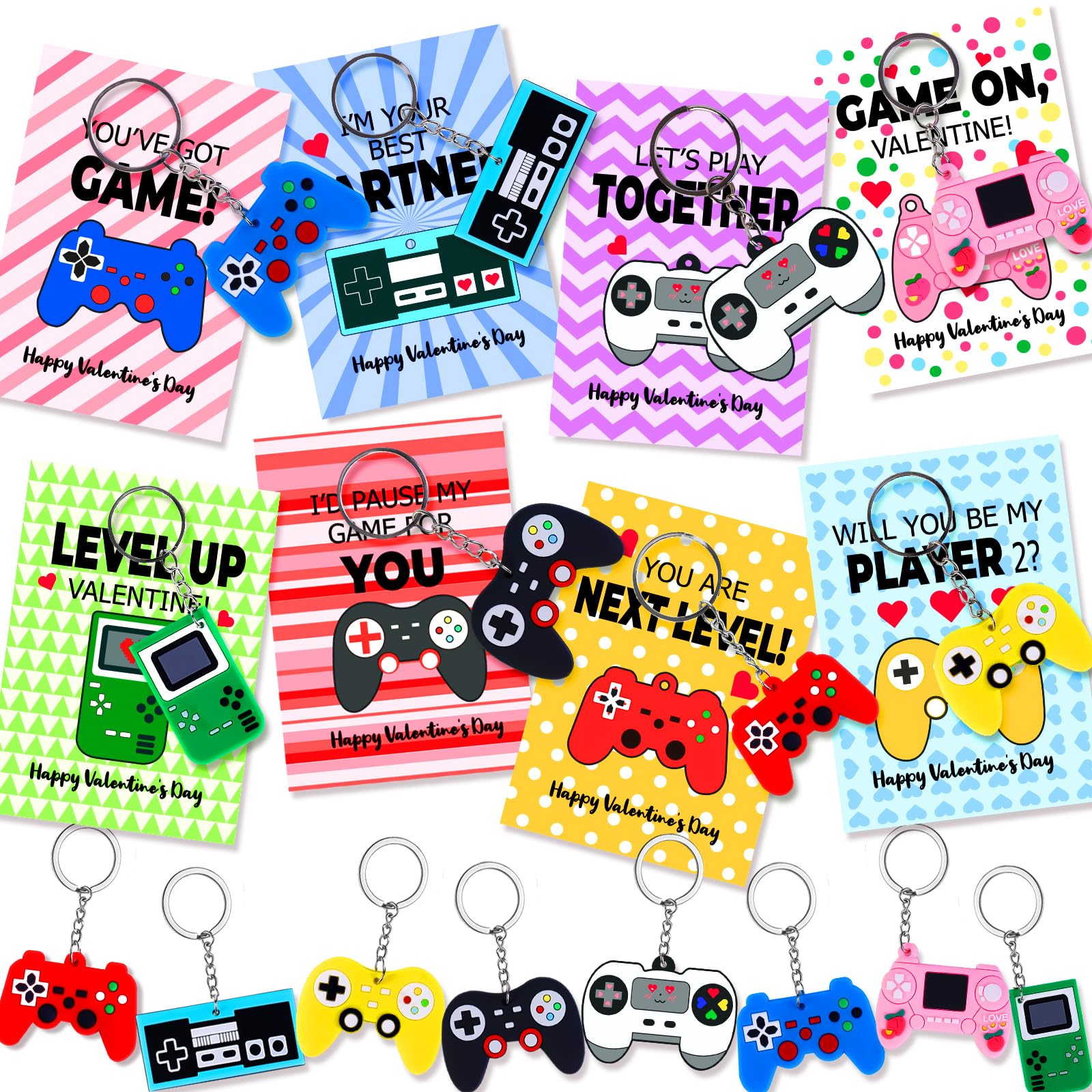 Japior video game keychains in a colorful collection for classroom exchanges.