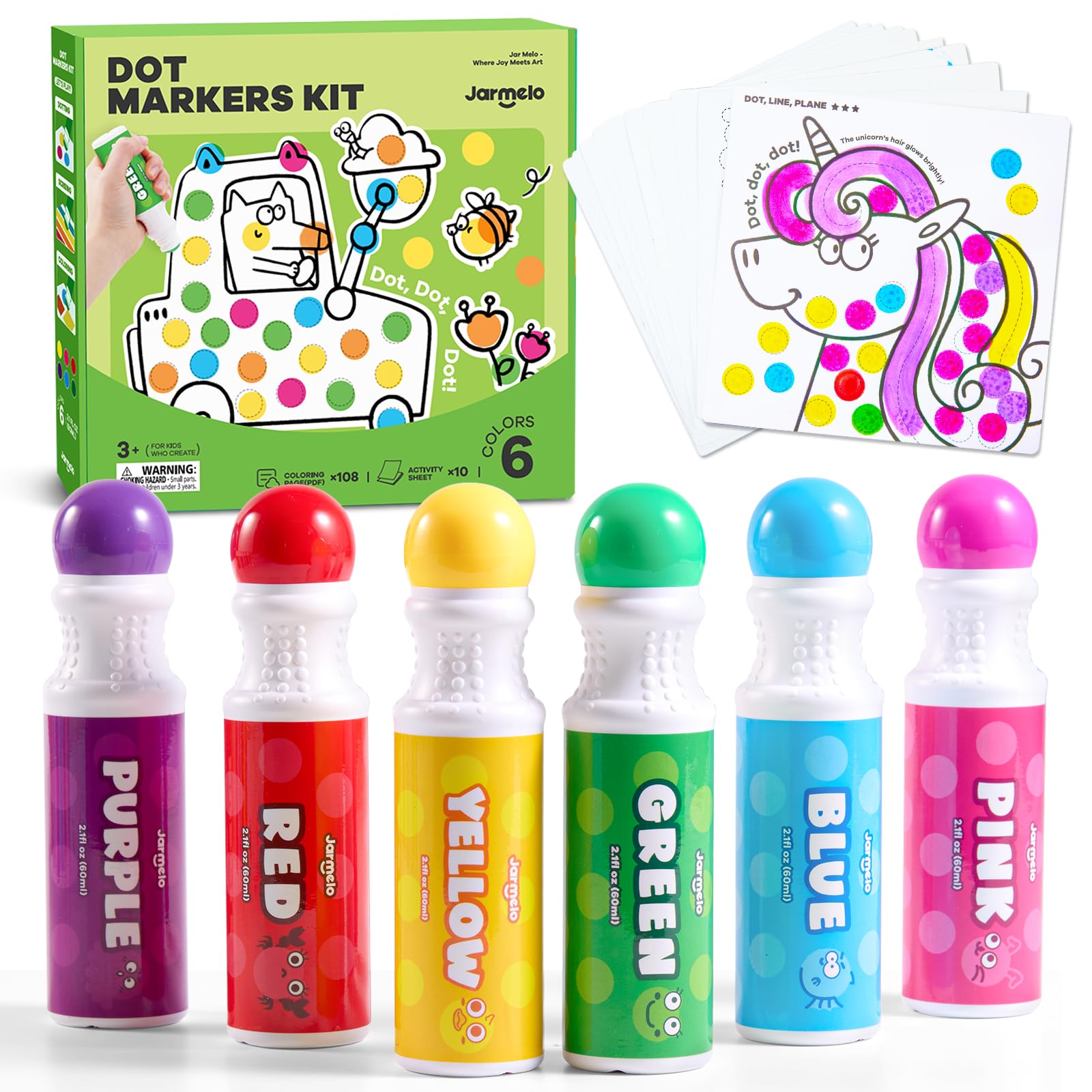 Jar Melo front packaging showing six colorful dot markers and benefit of easy-start colors