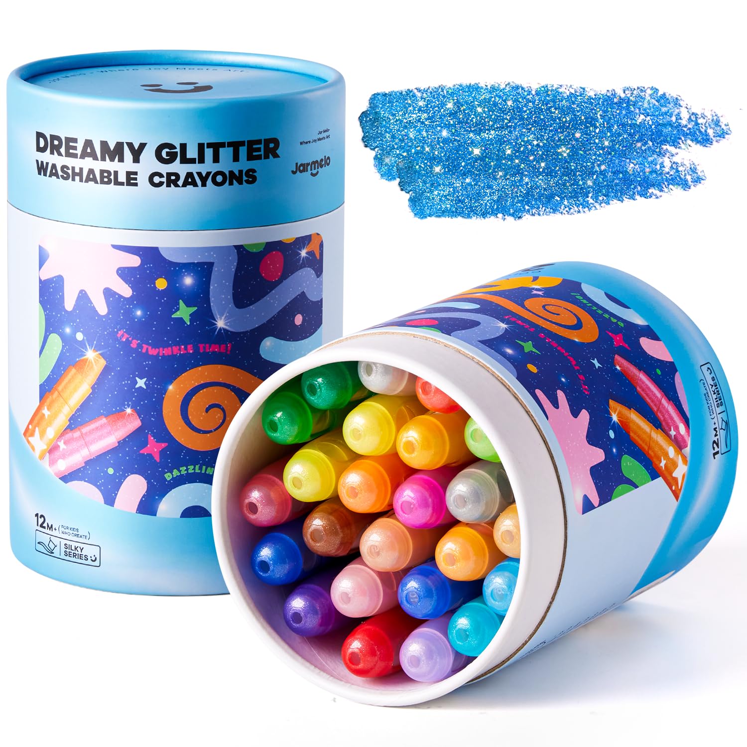 Jar Melo glitter crayons for toddlers with 24 colors offering sparkling art sessions.