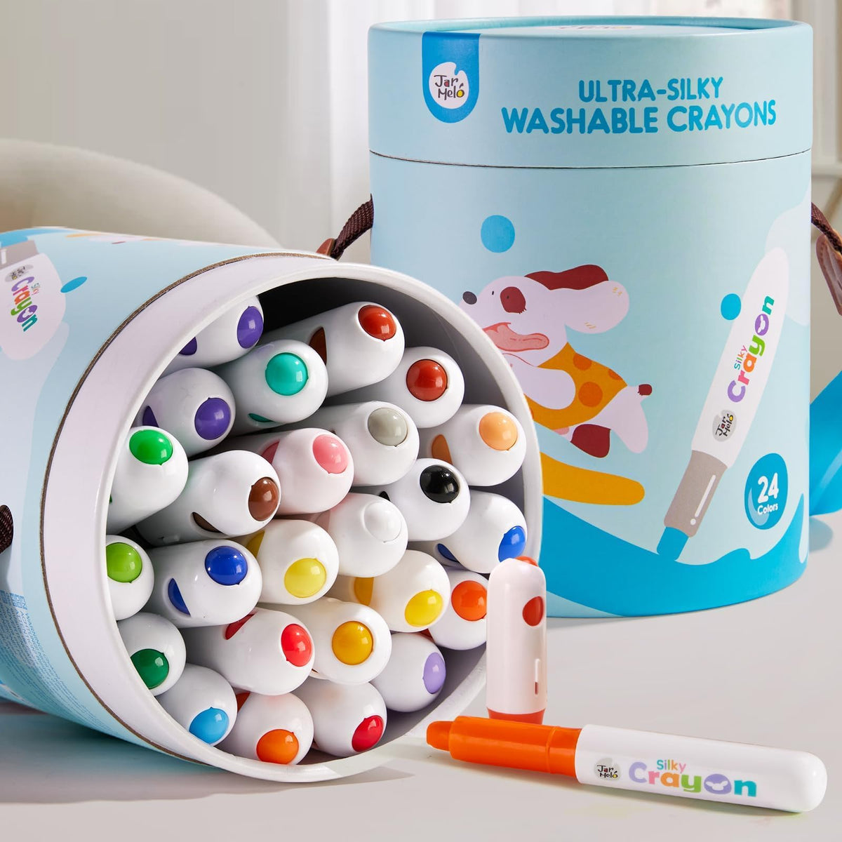 Jar Melo Jumbo crayons pack in 24 colors for vivid, mess-free coloring sessions.