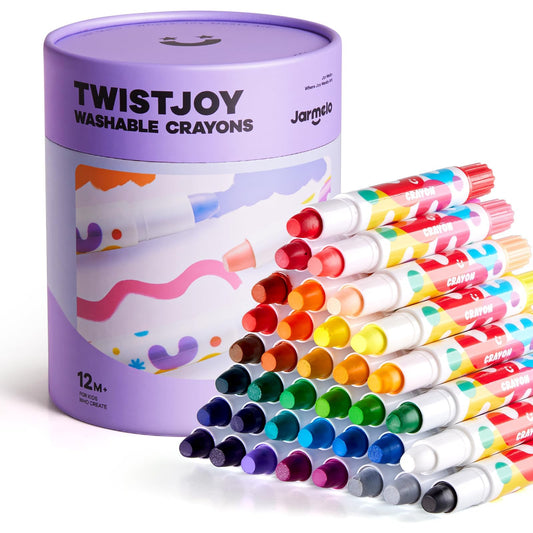 Jar Melo Jumbo Crayons TwistJoy packaging highlights a safe, gift-ready toddler art set.