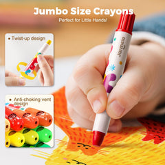 Washable formula on Jar Melo crayons cleans skin and fabrics.