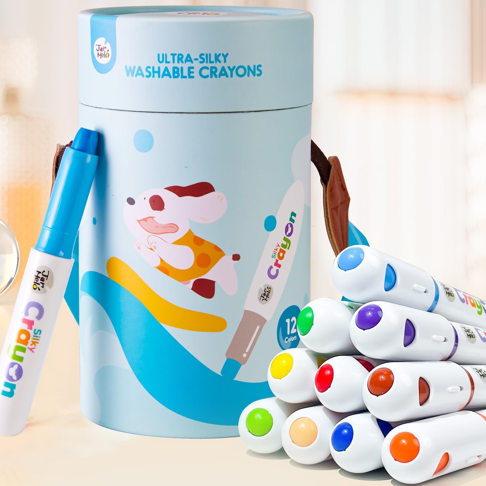 Jar Melo Jumbo Washable Crayons – vivid colors that wash off skin easily.