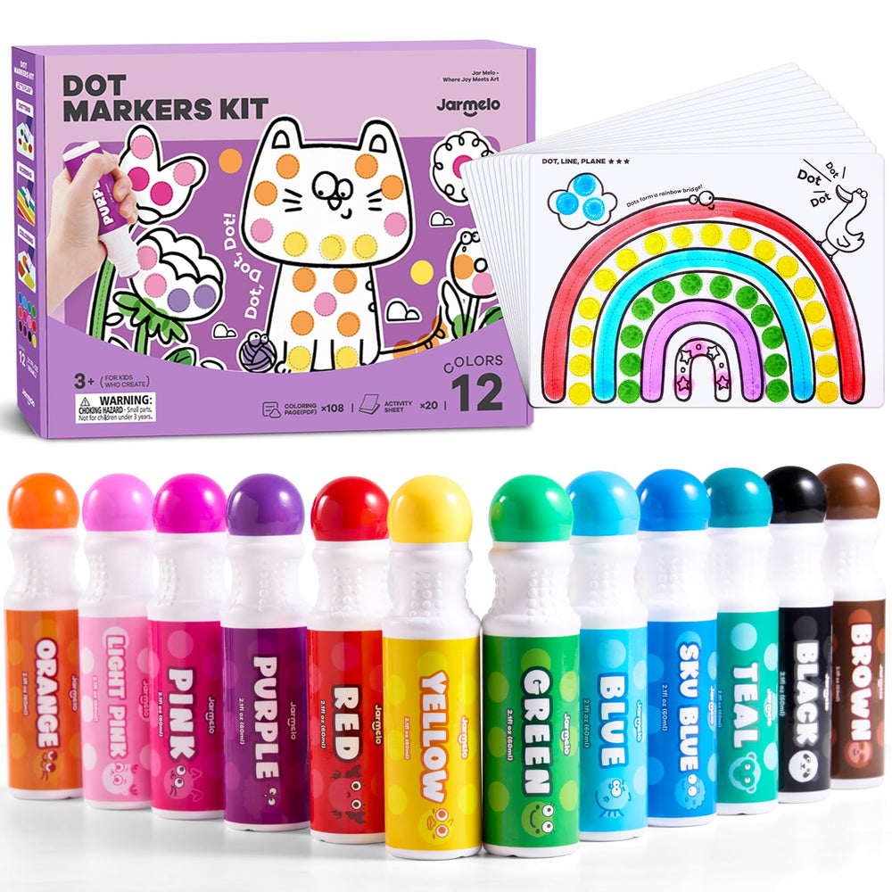Jar Melo Washable Dot Markers in 12 colors for toddlers with easy cleanup.