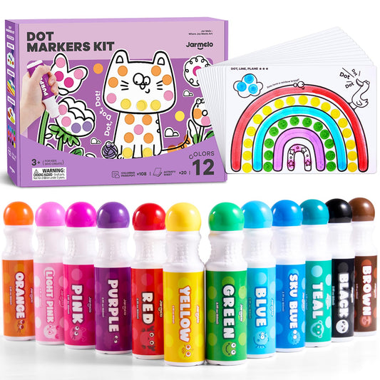 Jar Melo Washable Dot Markers in 12 colors for toddlers with easy cleanup.