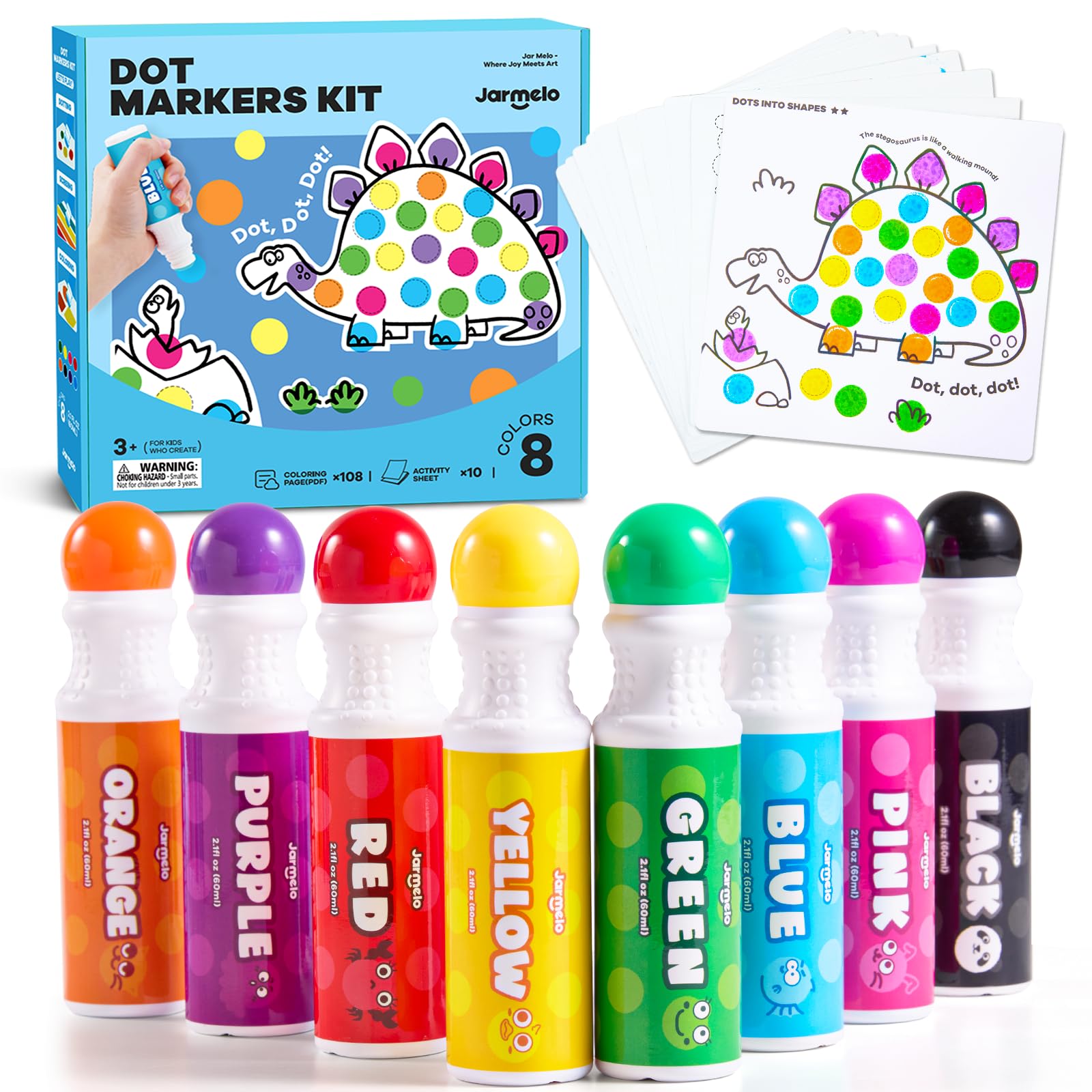 Jar Melo Washable Dot Markers in eight colors for mess-free toddler art.