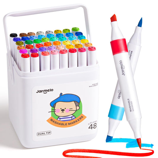 Jar Melo washable markers with brush tip for detailed coloring.