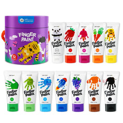 Jar Melo washable finger paints in a 12-color tubes set for kids' art