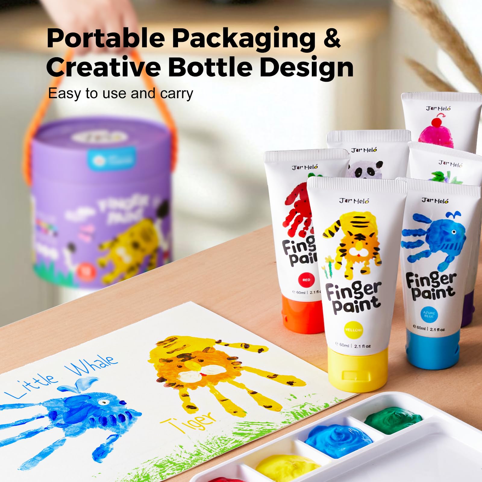 Jar Melo non-toxic paints for hands, designed for safe, kid-friendly art sessions.