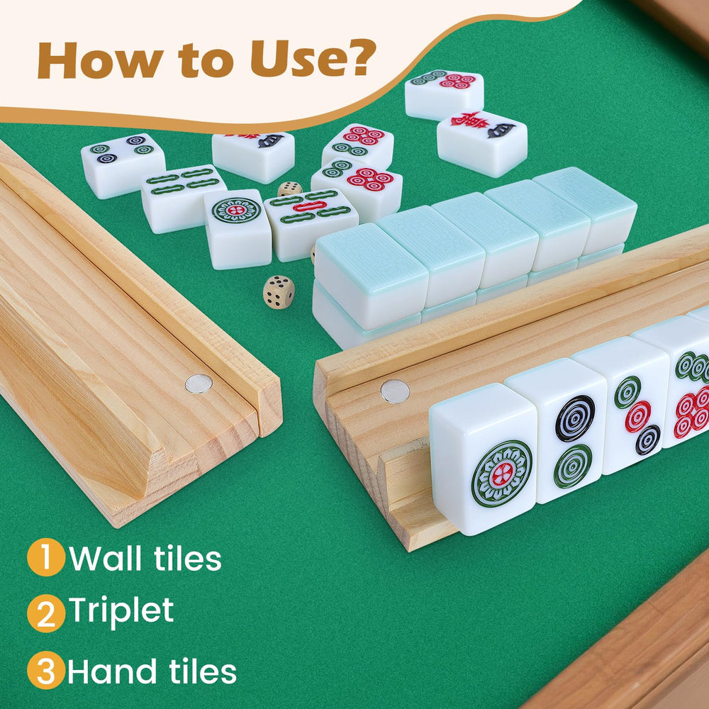 JARTEEK mahjong rack with included dice and storage bags for tidy setup.