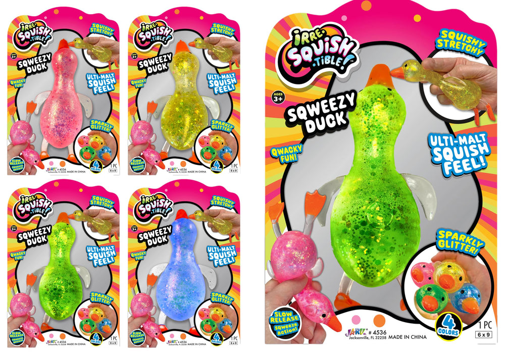 JA-RU Squishy Glitter Ducks 4-pack front view for compact stress relief.