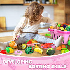 JASNKKONT pink storage basket keeps cut food neatly organized during play.