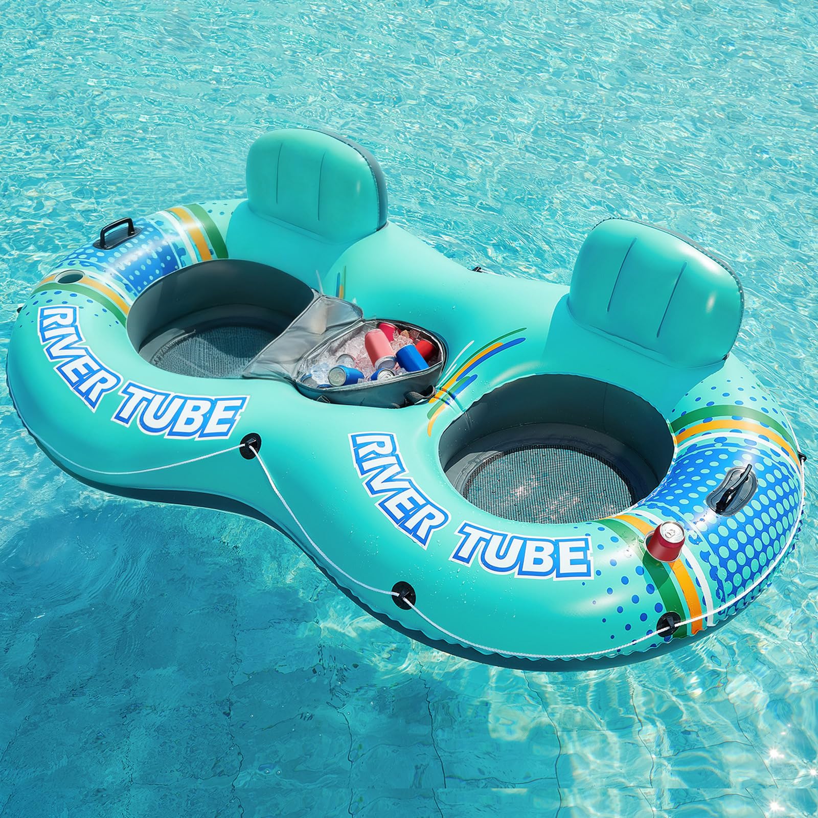 Jasonwell two-person inflatable river tube with cooler for shared river trips.