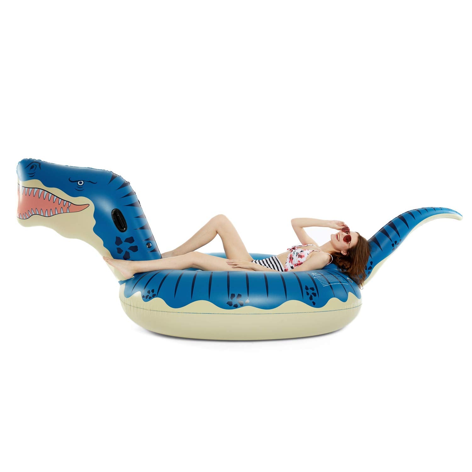 Jasonwell Tyrannosaurus Rex pool float side view invites relaxed lounging.