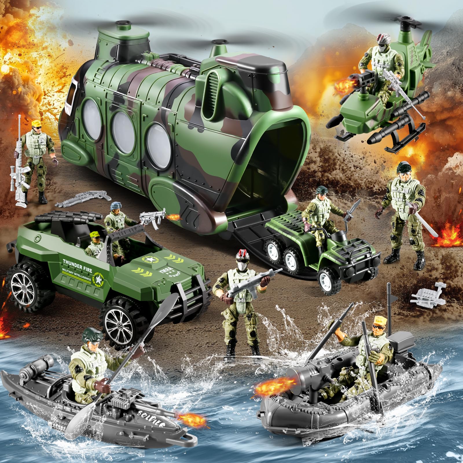JASSKKBO 56-in-1 army military motorcycle adds fast-paced chase scenes