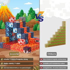 Red brick pieces inspire themed builds and storytelling with Jauniq blocks.