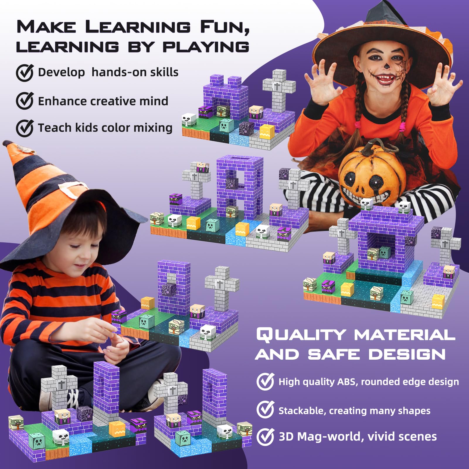 JauniQ magnetic blocks with skeleton piece invite spooky scene design with magnets