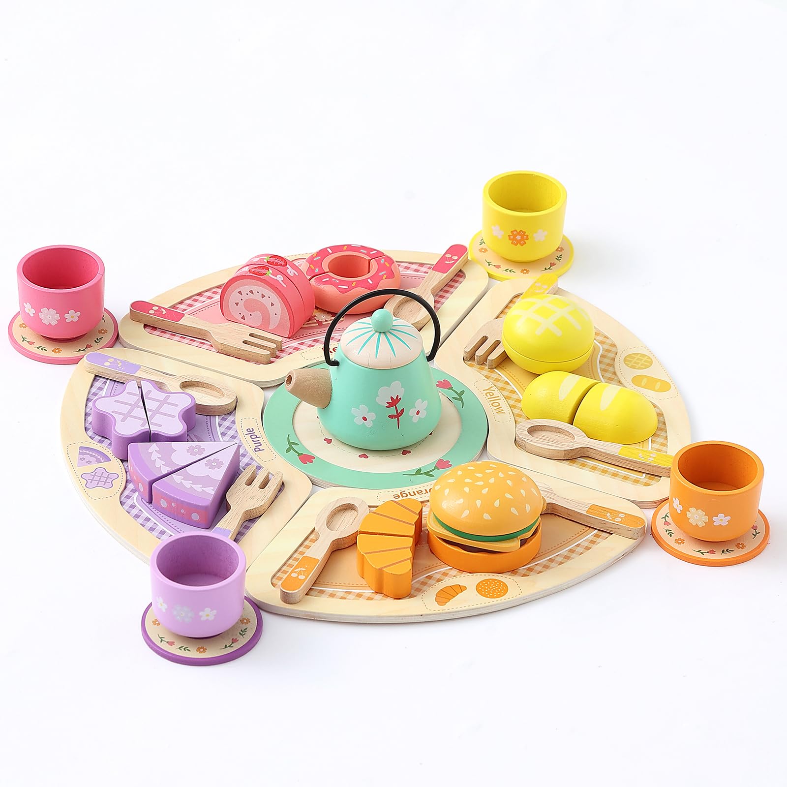 JAUNTY wooden tea party set with colorful pieces for imaginative play.