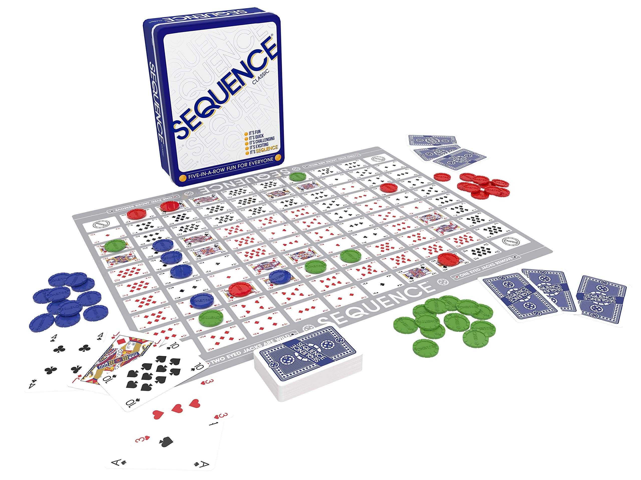 Jax Sequence in a Tin playing cards neatly organized for easy setup and play