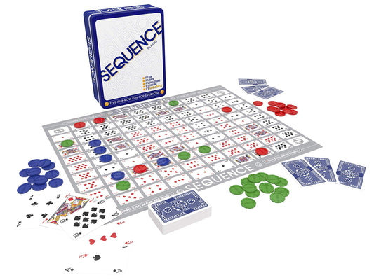 Jax Sequence in a Tin playing cards neatly organized for easy setup and play