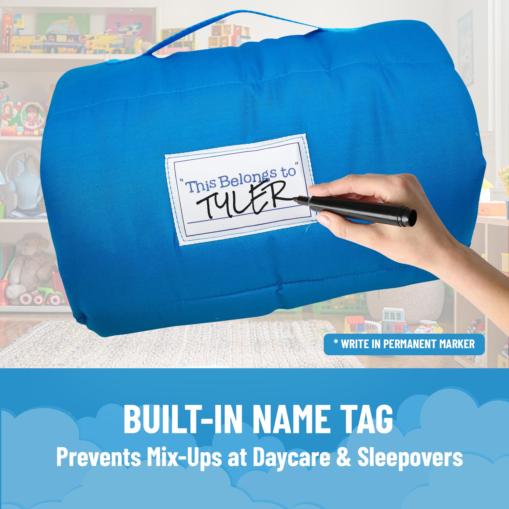 Jay Franco nap mat name tag helps identify belongings during travel.