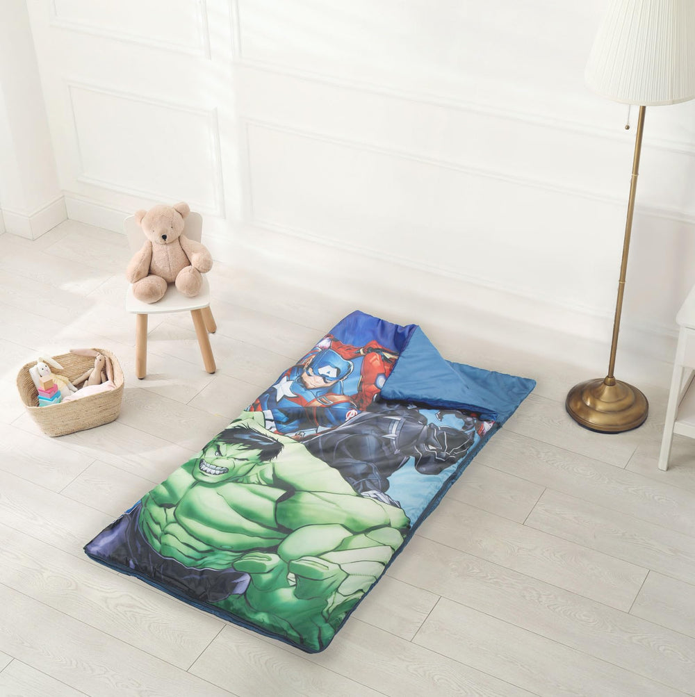 Jay Franco Avengers slumber sack rolled up for easy storage and travel