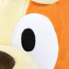Bluey Bingo pillow buddy resting in bed for naptime with soft silhouette