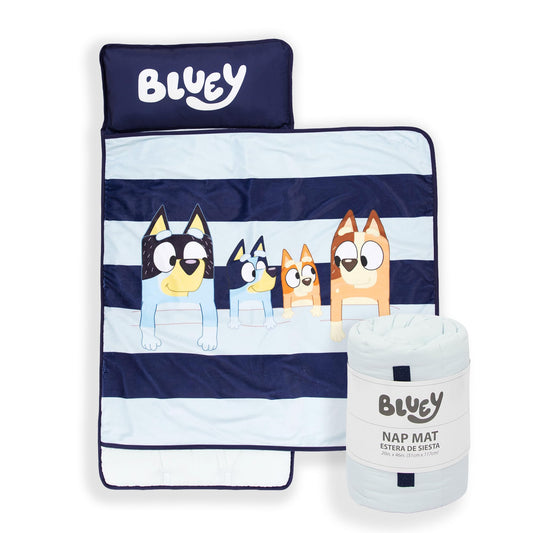 Jay Franco Bluey nap mat with embedded pillow for comfy travel