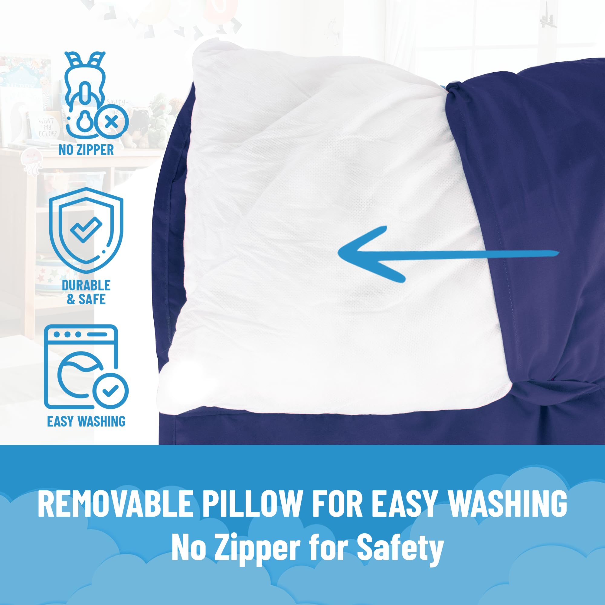 Jay Franco Bluey nap mat features a handle and name tag for easy transport