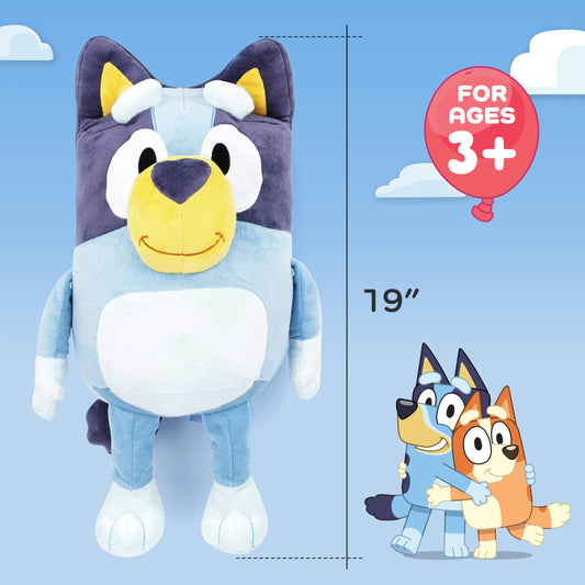 Jay Franco Bluey Pillow Buddy side view highlights 19-inch plush size for travel comfort