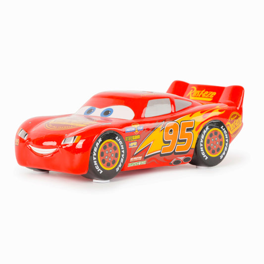Jay Franco Cars Lightning McQueen piggy bank side view for playful room decor and savings.