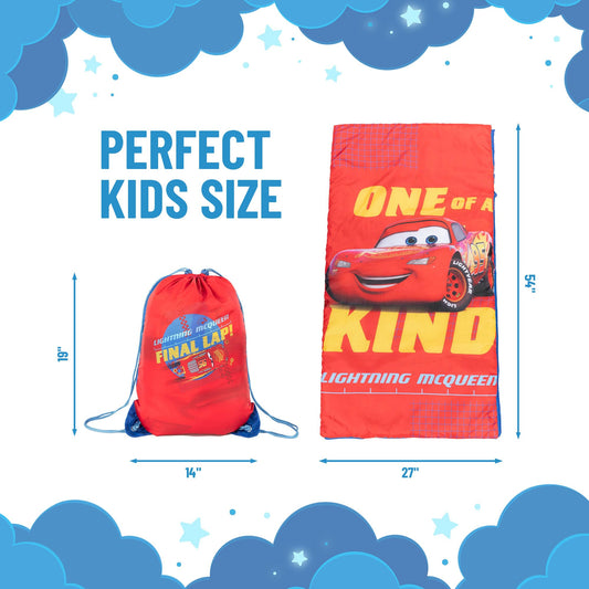 Jay Franco Cars slumber sack rolled for travel and easy storage.