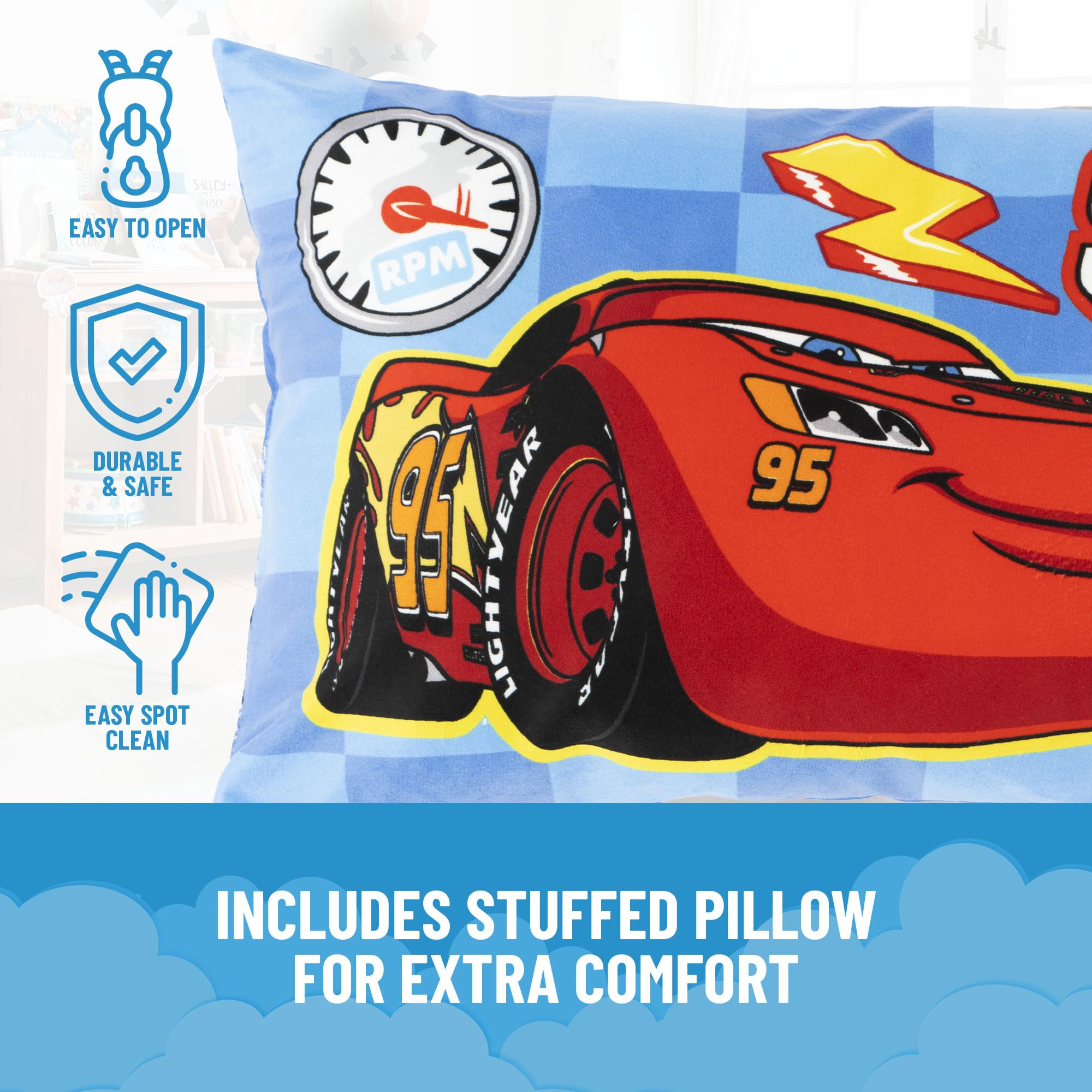 Lightning McQueen pillow adds extra comfort for naps.