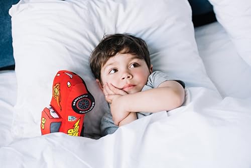 Close-up of Lightning McQueen face on Jay Franco plush pillow buddy for cuddly play.